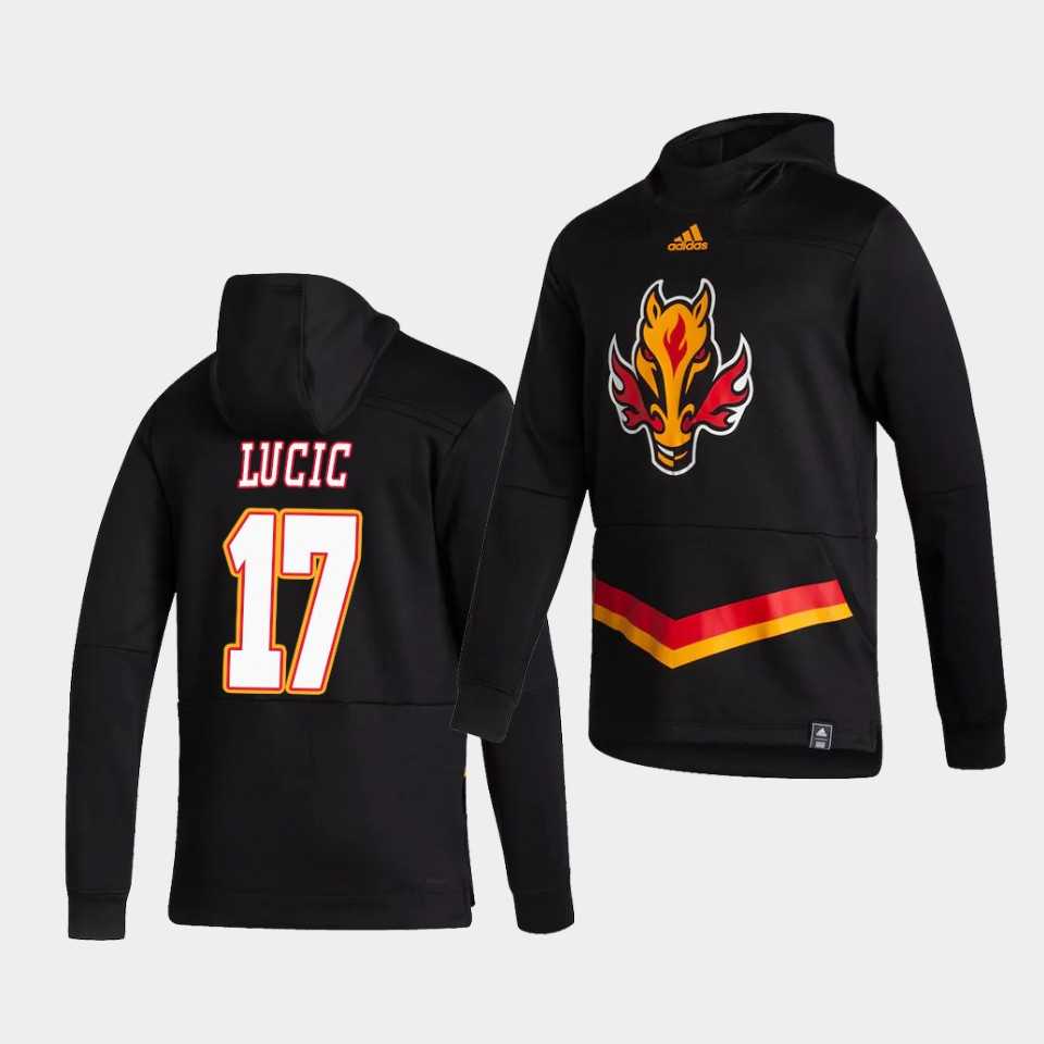 Men Calgary Flames 17 Lucic Black NHL 2021 Adidas Pullover Hoodie Jersey